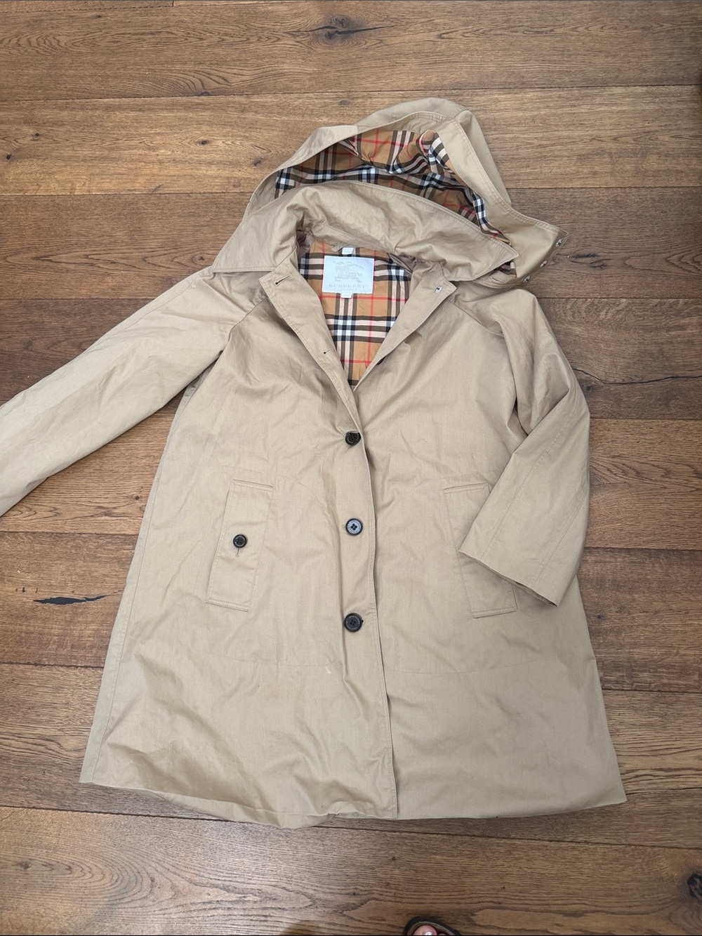Burberry Sand Hooded Trench Coat with Signature Check Lining